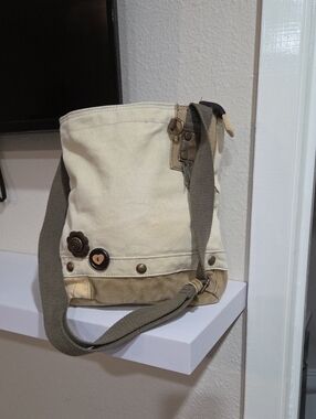 Chala Canvas Bucket Messenger Bag in Beige and Olive - Casual Everyday Tote